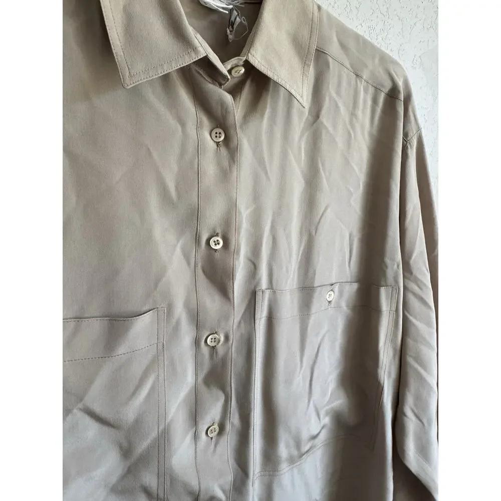 SR Shillito Rikes Biege Silk Button Down Blouse Womens 8 (40) Italian Vintage